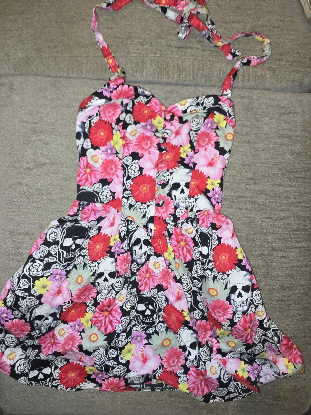 Hell Bunny "Daisy" Floral Skull Halter Dress XS